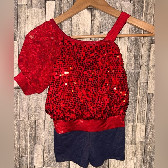 Red Sequin One-Shoulder Top with Navy Bottoms dance costume - Picture 1 of 2